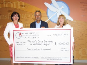 Heidi Sevcik, President and CEO of Gore Mutual and Farouk Ahamed, Chair of the Board of Gore Mutual, presented a donation to Mary Zilney, CEO of Women’s Crisis Services.